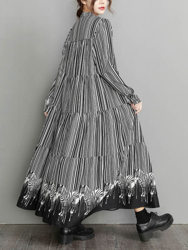 Vintage Loose Striped Buttoned Stand Collar Long Sleeves Midi Dress