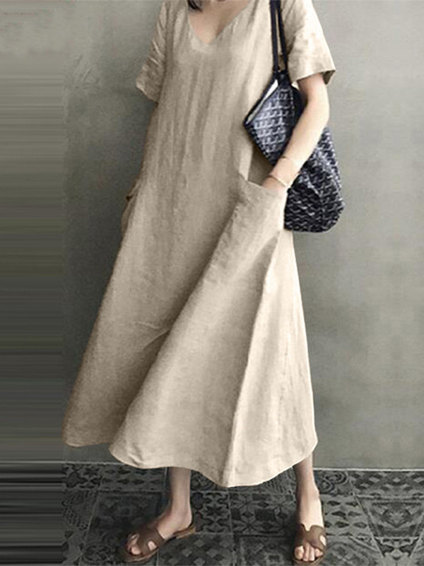 Ramie Cotton Solid Color Plus Size V-Neck Casual Dress