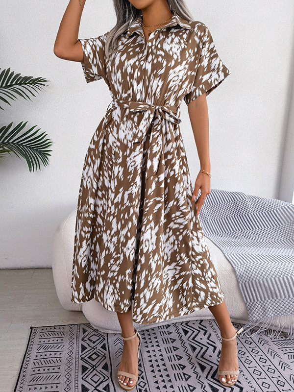 Loose Short Sleeves Leopard Ribbed Lapel Midi Dresses
