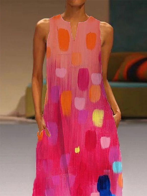Loose Sleeveless Contrast Color Printed V-Neck Maxi Dresses