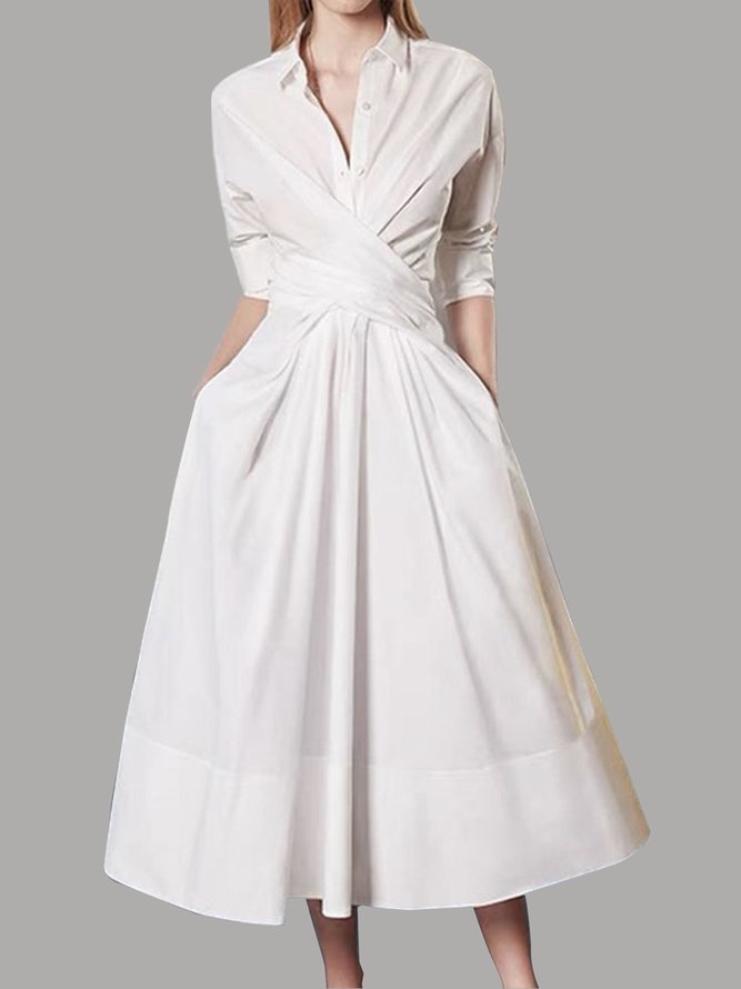 Stylish A-Line Long Sleeves Pleated Solid Color Lapel Midi Dresses