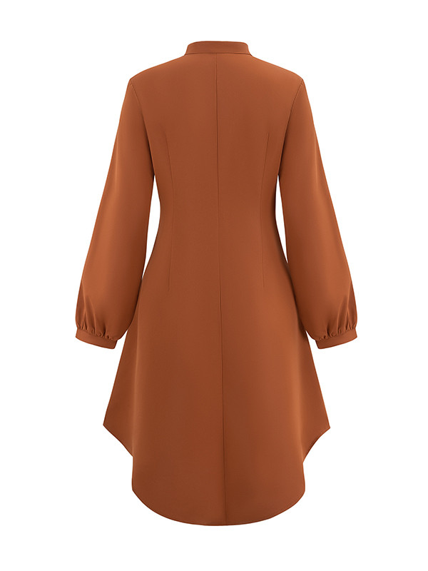 Long Sleeves Loose Buttoned No Belt Pleated Solid Color V-neck Midi Dress