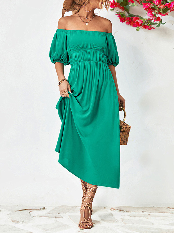 Loose Short Sleeves Solid Color Off-The-Shoulder Midi Dresses