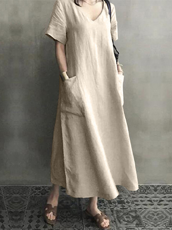 Ramie Cotton Solid Color Plus Size V-Neck Casual Dress