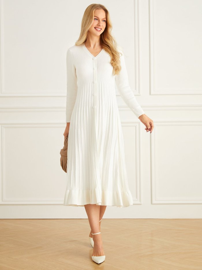 Elegant Plain Long Sleeve Buttoned Pleated Sweater Dress