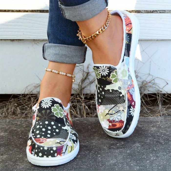 Women's Floral Print Canvas Shoes, Slip-on Round Toe Lightweight Casual Shoes, Women's Comfy Flat Shoes