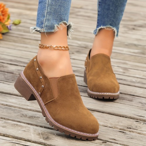 Women's Chunky Low Heeled Shoes, Retro Studded Elastic Slip On Shoes, Casual All-Match Outdoor Shoes