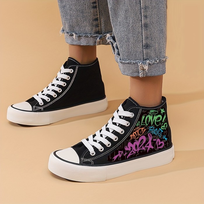 Letter Print Flat Heighten Chunky Canvas Sneakers, Wear Resistance Non Slip High Top Classic Skate Shoes, Casual Versatile Lightweight Lace Up Outdoor Walking Shoes