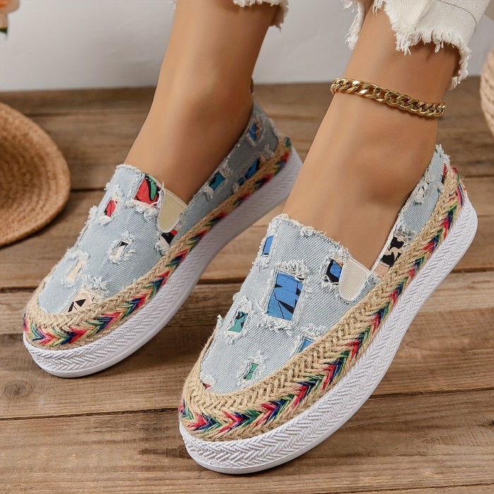 Women's Ripped Detail Canvas Shoes, Casual Espadrille Low Top Flats, All-Match Slip On Shoes