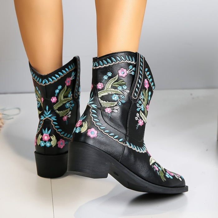 Women's Flower Pattern Chunky Heel Boots, Casual Slip On Short Boots, Women's Comfortable Ankle Boots