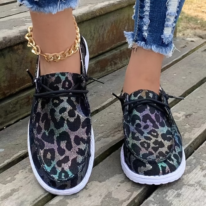 Women's Leopard Print Canvas Shoes, Lightweight Lace Up Flat Shoes, Casual Slip On Shoes