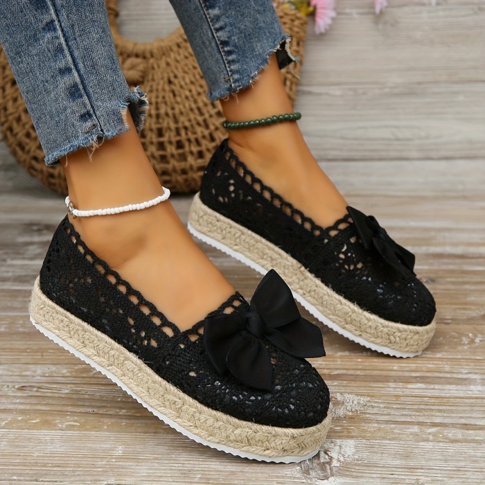 Women's Bowknot Decor Platform Loafers, Casual Slip On Breathable Shoes, Comfortable Espadrille Shoes