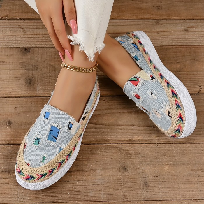 Women's Ripped Detail Canvas Shoes, Casual Espadrille Low Top Flats, All-Match Slip On Shoes