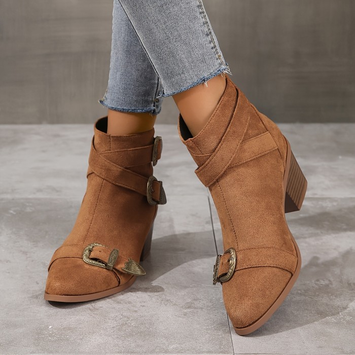 Women's Chunky Heel Short Boots, Casual Point Toe Back Zipper Boots, Comfortable Buckle Strap Design Boots