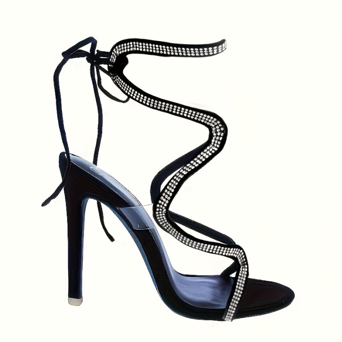 Women's Rhinestone Lace Up High Heels, Open Pointed Toe Stiletto Sandals, Solid Color Party Pumps
