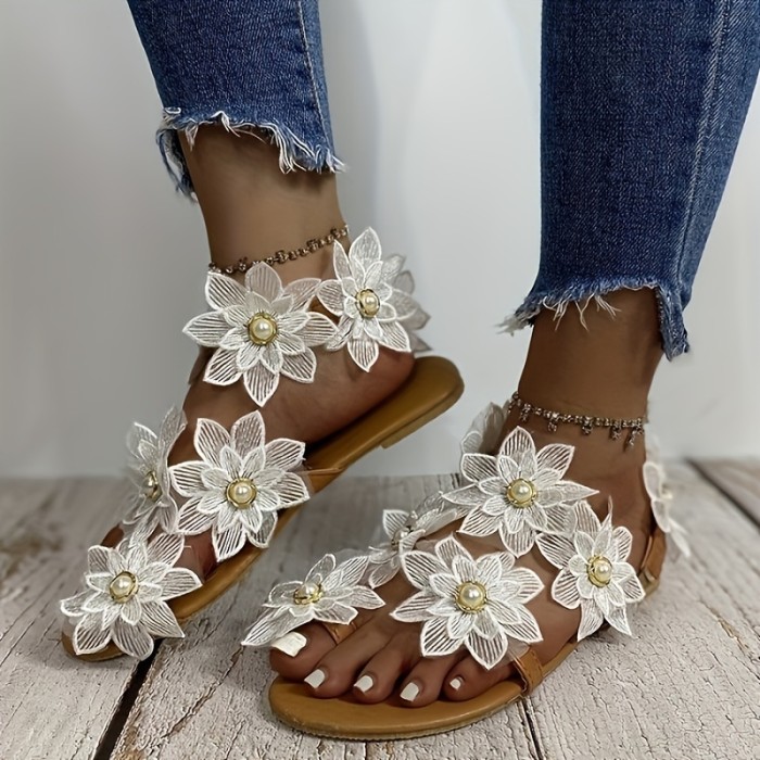 Women's Flower Decor Flat Sandals, Casual Loop Toe Summer Shoes, Lightweight Slip On Sandals