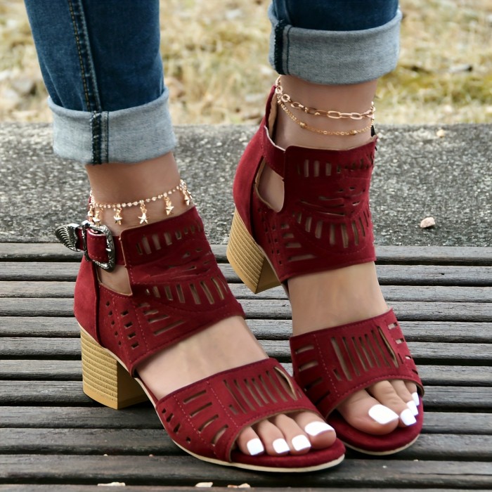 Women's Hollow Out High Heels, Fashion Peep Toe Buckle Strap Block Heels, Back Zipper Design Sandals