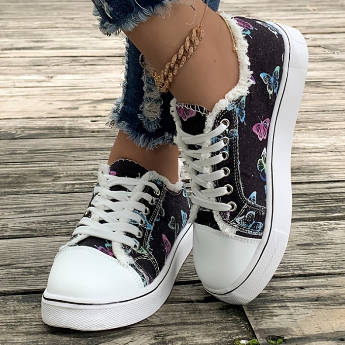 Women's Butterfly Print Canvas Sneakers, Raw Trim Lace Up Flat Skate Shoes, All-Match Low Top Trainers