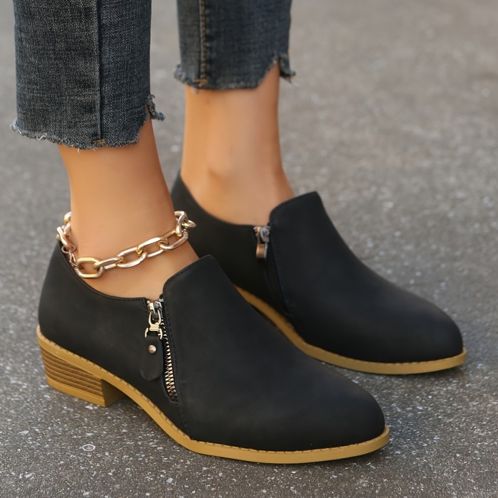 Women's Side Zipper Short Boots, Retro Pointed Toe Low Top Shoes, All-Match Chunky Low Heeled Boots