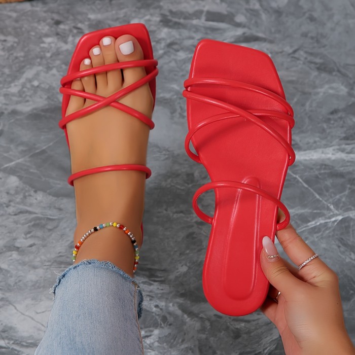 Women's Solid Color Slide Sandals, Casual Square Toe Flat Summer Shoes, Lightweight Slide Sandals