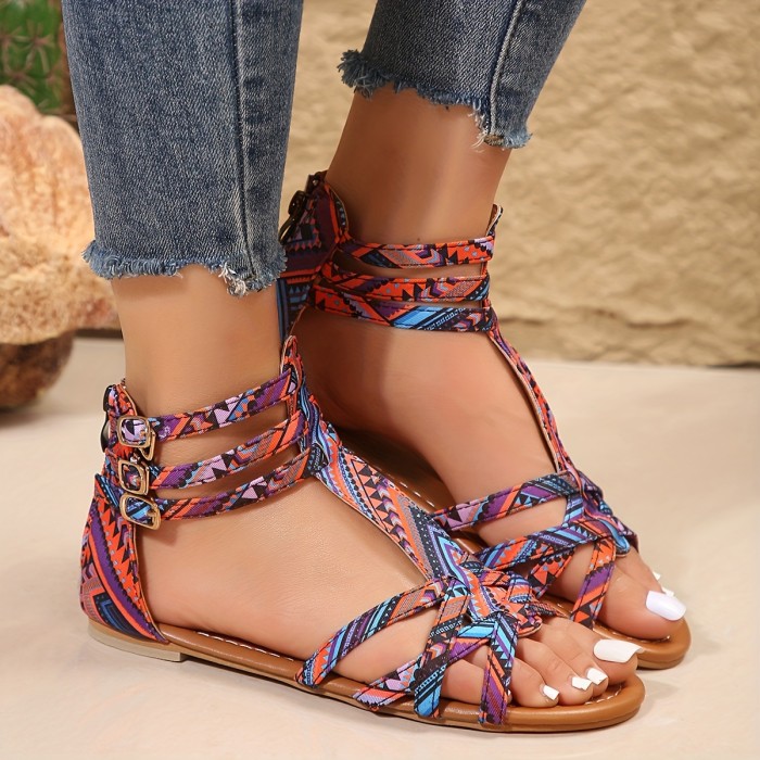 Women's Geometric Pattern Flat Sandals, Casual Open Toe Summer Shoes, Lightweight Back Zipper Sandals