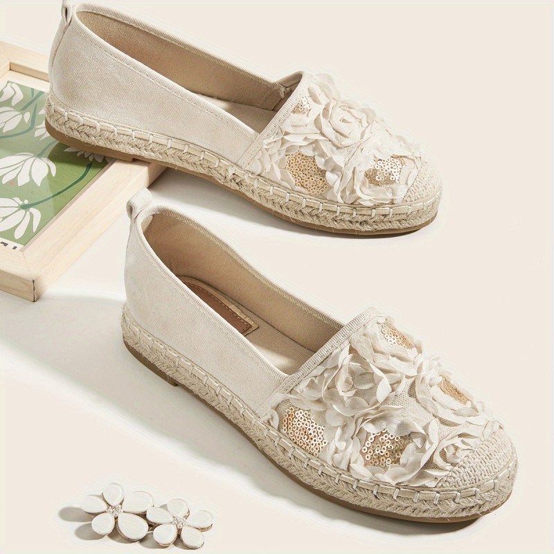 Women's Floral Sequins Flat Shoes, Fashion Round Toe Espadrille Canvas Shoes, Casual Outdoor Flats