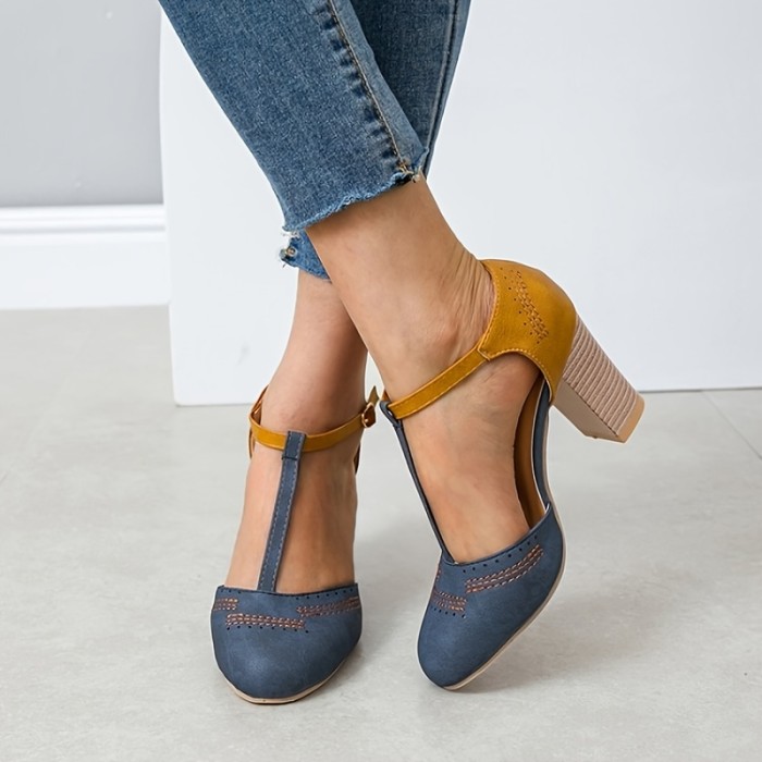 Women's Chunky High Heel Sandals, Colorblock Ankle Buckle Strap T-strap Shoes, Casual Round Toe Pumps