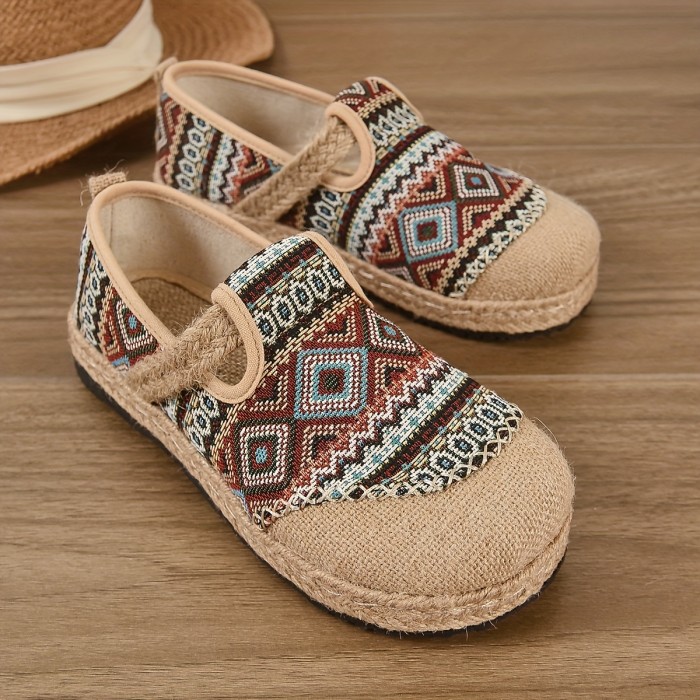 Women's Colorful Geometric Print Flats, Slip On Woven Straw Casual Espadrille Shoes, Vacation Boho Breathable Shoes