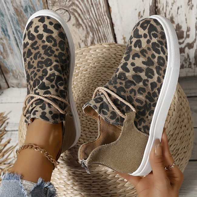 Women's Leopard Print Flat Canvas Sneakers, Casual Round Toe V-cut Slip On Shoes, Lightweight Stitching Walking Shoes