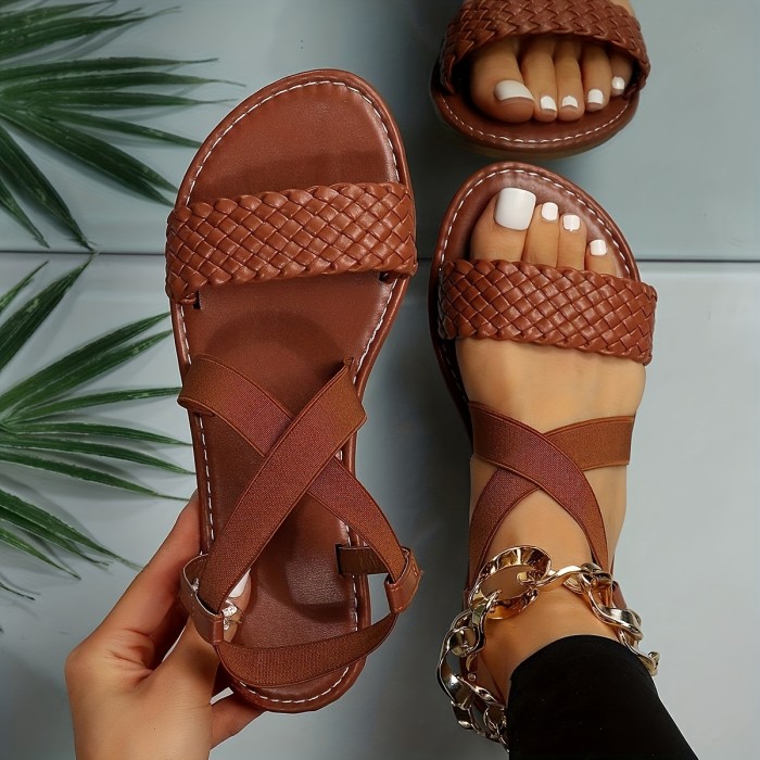 Women's Braided Flat Sandals, Open Toe Elastic Crisscross Band Slip On Shoes, Lightweight Casual Outdoor Beach Sandals