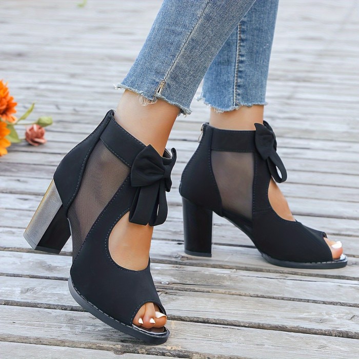Women's Bow Block Heeled Sandals, Fashion Peep Toe Cut-out Back Zipper High Heels, Stylish Party Sandals