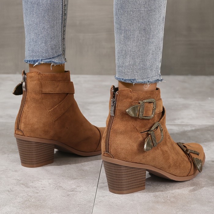 Women's Chunky Heel Short Boots, Casual Point Toe Back Zipper Boots, Comfortable Buckle Strap Design Boots