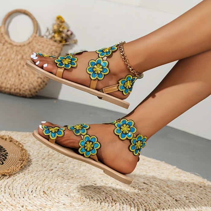 Women's Flower Decor Flat Sandals, Casual Loop Toe Summer Shoes, Lightweight Slip On Sandals