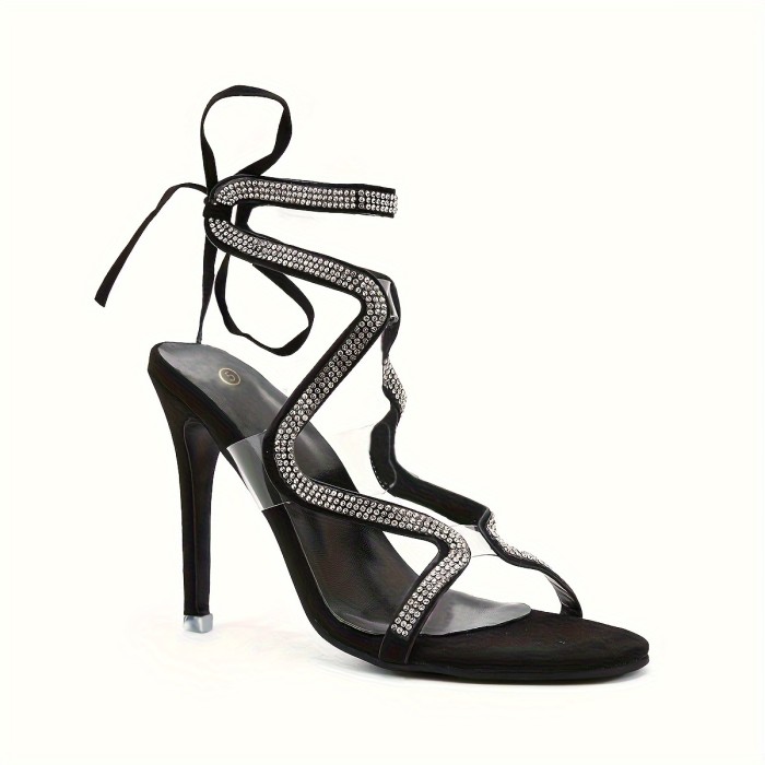 Women's Rhinestone Lace Up High Heels, Open Pointed Toe Stiletto Sandals, Solid Color Party Pumps