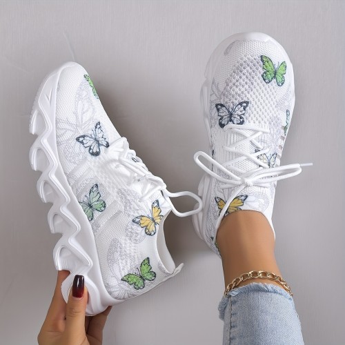 Women's Butterfly Print Mesh Sneakers, Lace Up Breathable Running Shoes, Soft Sole Lightweight Shoes