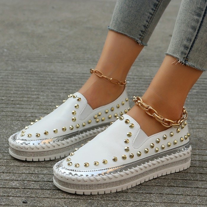 Women's Studded Platform Loafers, Stylish Round Toe Low Top Slip On Shoes, Casual & Versatile Sneakers