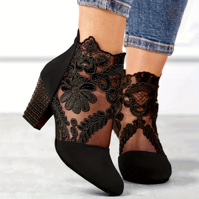 Women's Floral Lace Ankle Boots, Fashionable Pointed Toe Chunky Heeled Boots, Versatile High Heeled Boots