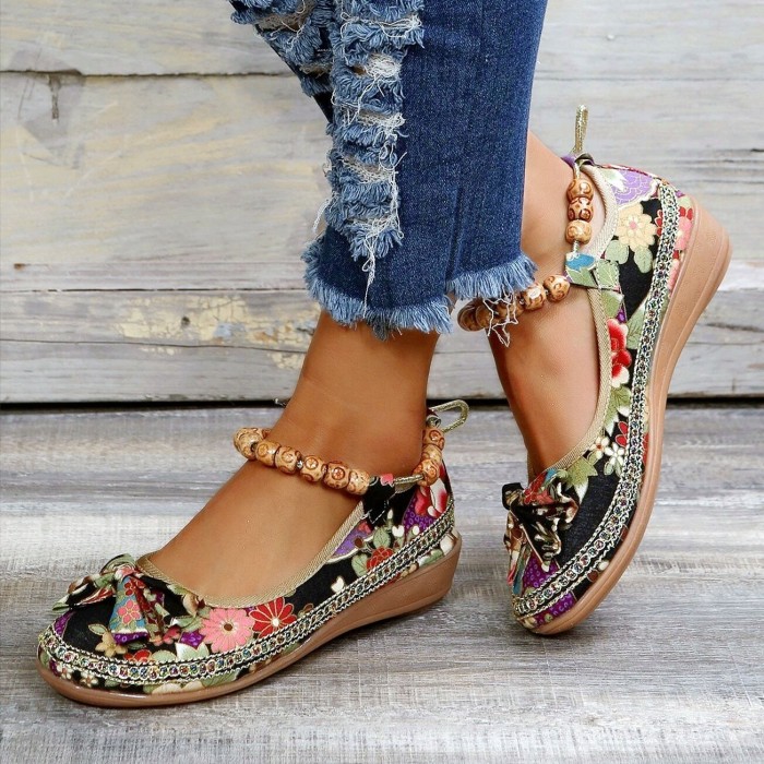 Women's Floral Print Flat Shoes, Tribal Style Ankle Strap Slip On Shoes, Casual Walking Shoes