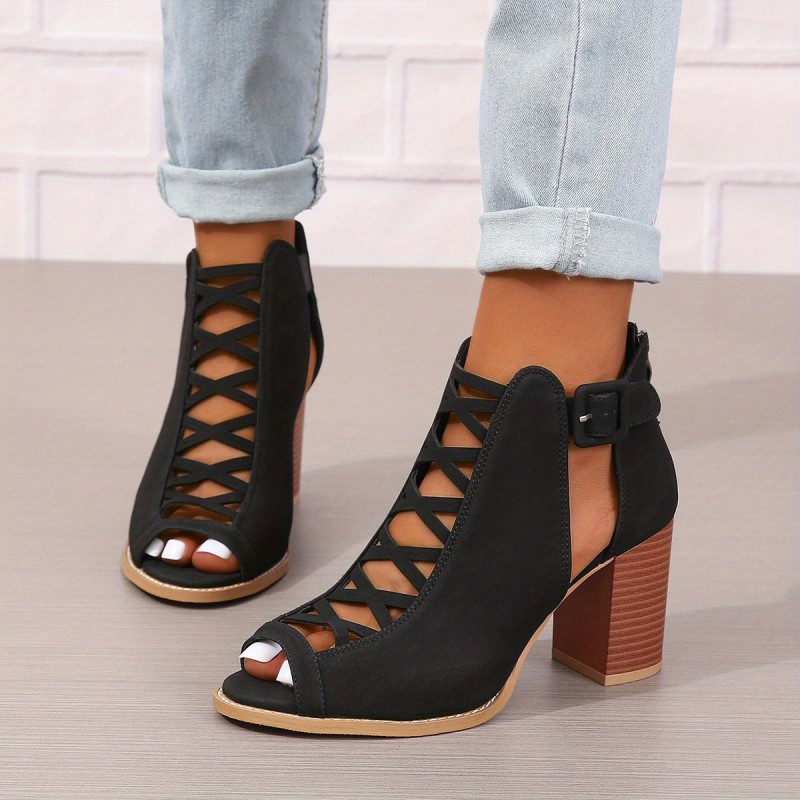 Women's Chunky Heeled Sandals, Peep Toe Cut-out Buckle Strap Stacked Heels, Retro High Heels