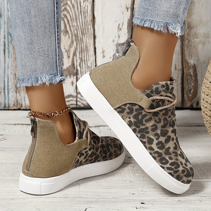 Women's Leopard Print Flat Canvas Sneakers, Casual Round Toe V-cut Slip On Shoes, Lightweight Stitching Walking Shoes