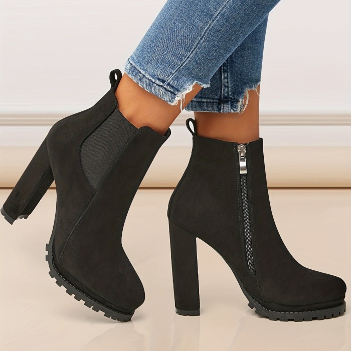 Women's Pointed Toe Short Boots, Tound Toe Side Zipper Chunky Heeled Platform Ankle Boots, Women's Footwear