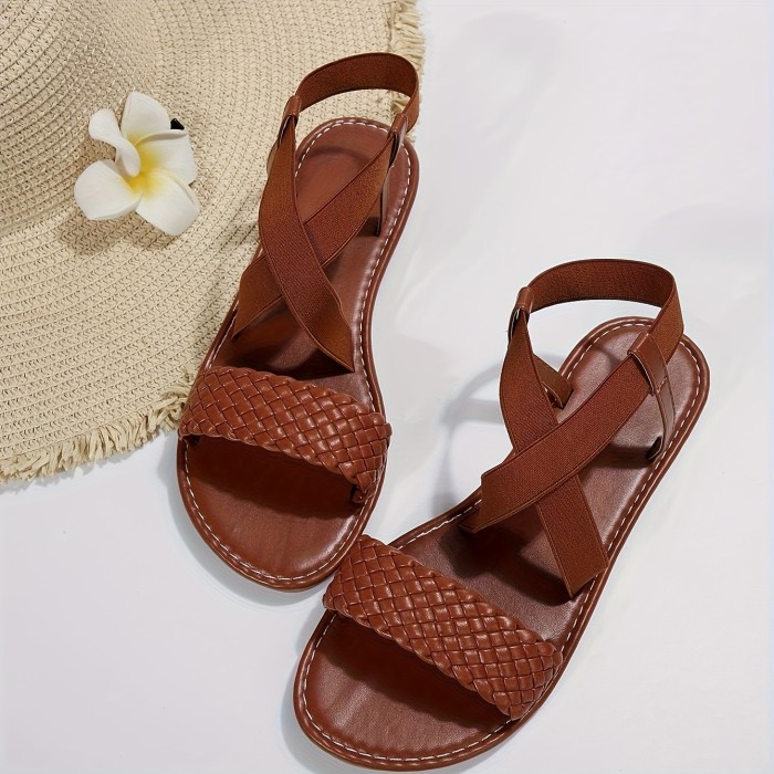 Women's Braided Flat Sandals, Open Toe Elastic Crisscross Band Slip On Shoes, Lightweight Casual Outdoor Beach Sandals