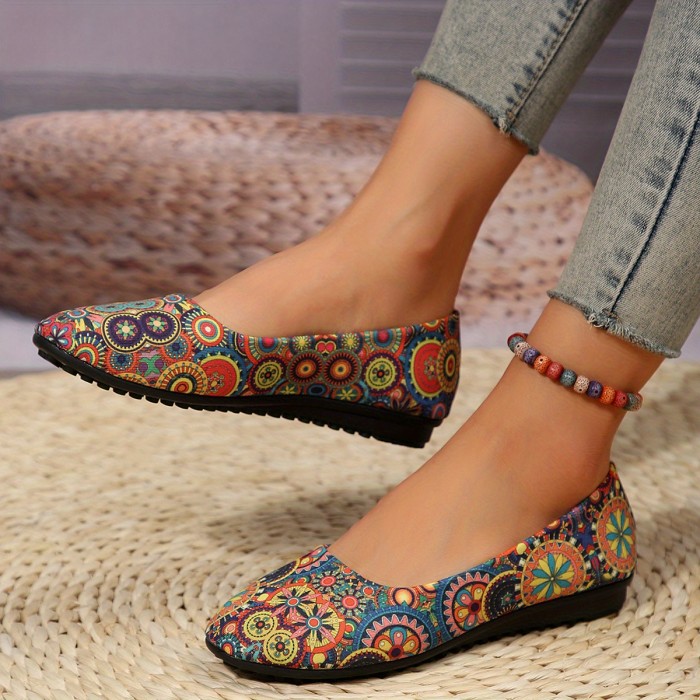 Women's Flower Pattern Shoes, Casual Slip On Flat Shoes, Lightweight & Comfortable Shoes