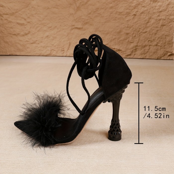 Women's Strappy Super High Heels, Fluffy Feather Pointed Toe Party Sandals, Fashion Sexy Dress Shoes