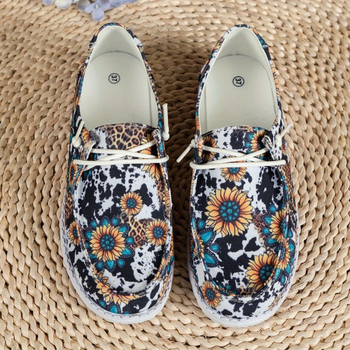 Women's Leopard Print Canvas Shoes, Lightweight Lace Up Flat Shoes, Casual Slip On Shoes