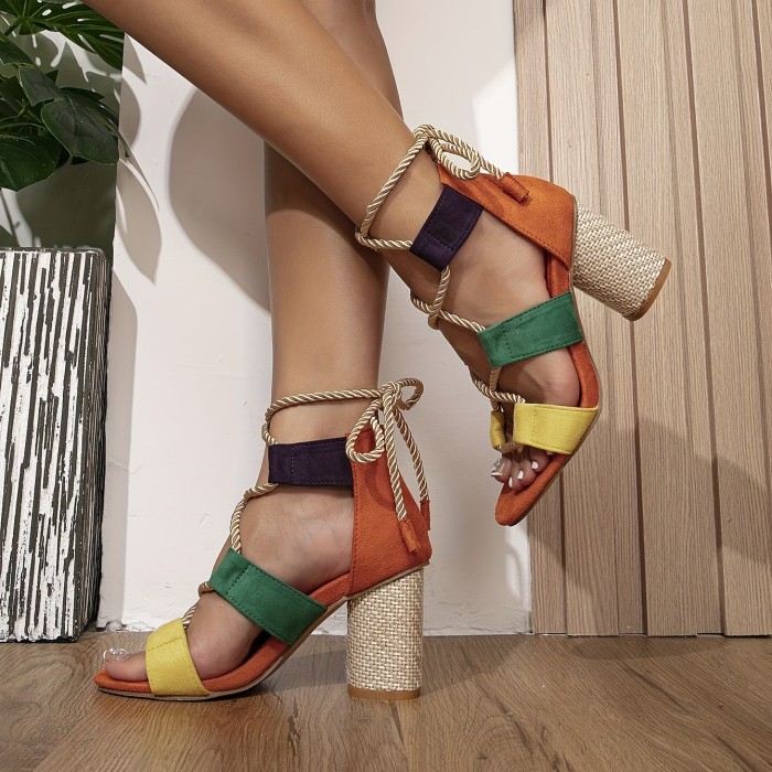 Women's Colorblock Heeled Sandals, Open Toe Cross Strappy Chunky Heels, Fashion Lace Up High Heels