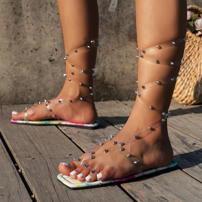 Women's Rivets Decor Flat Sandals, Fashion Square Toe Summer Shoes, Comfortable Beach Shoes