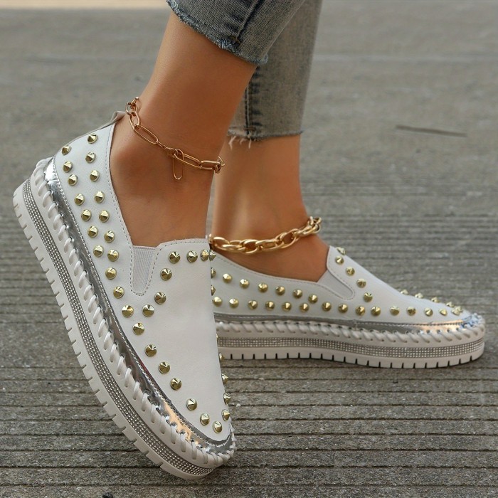 Women's Studded Platform Loafers, Stylish Round Toe Low Top Slip On Shoes, Casual & Versatile Sneakers