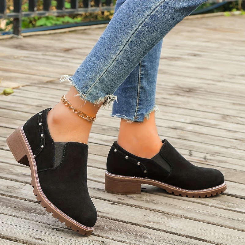 Women's Chunky Low Heeled Shoes, Retro Studded Elastic Slip On Shoes, Casual All-Match Outdoor Shoes