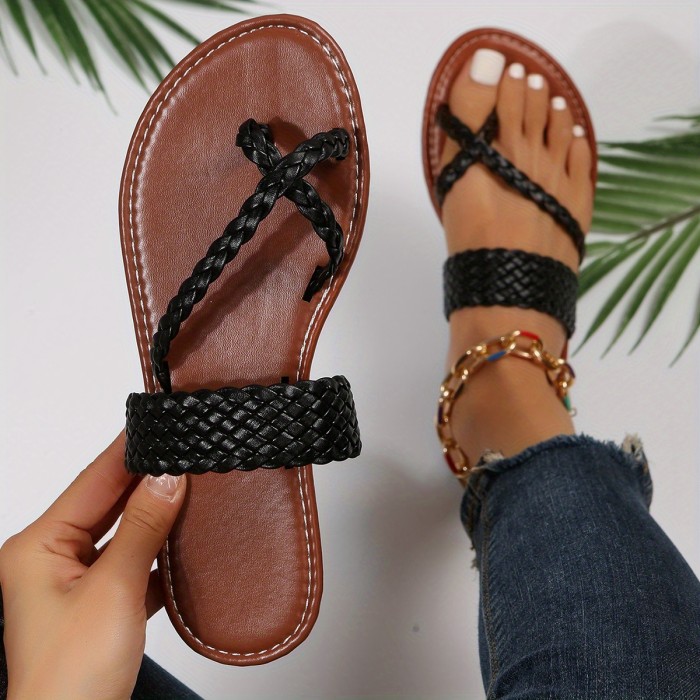 Women's Flat Slide Sandals, Toe Loop Braided Band Slip On Shoes, Casual Beach Slides